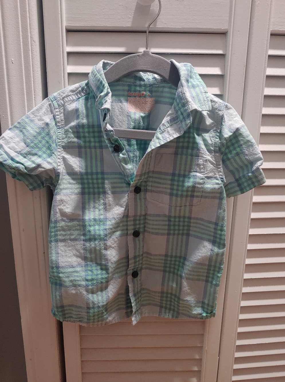 Cat & Jack Mint Green and White Plaid Short Sleeve Button-Down / Size 3t